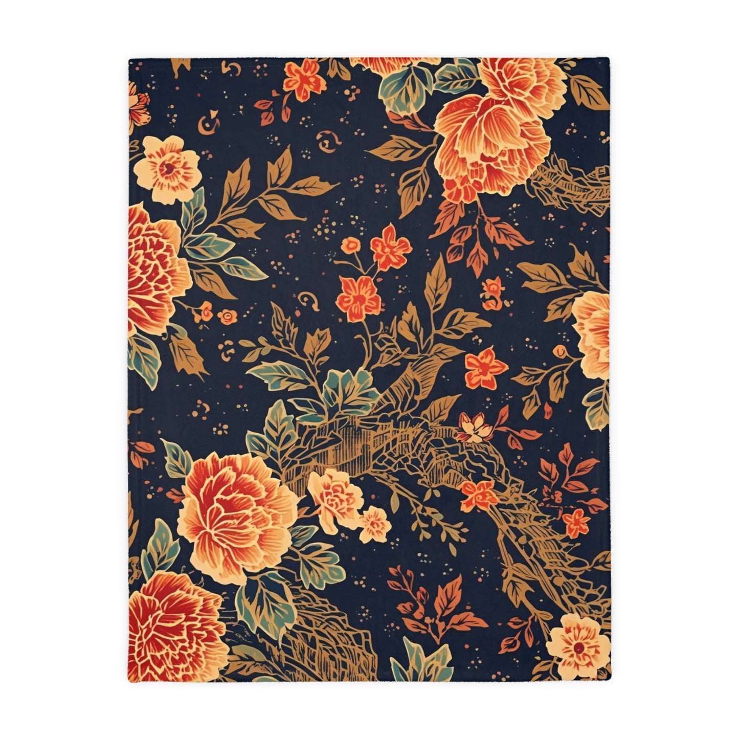 Floral Koi Velvet Microfiber Blanket — Vintage Navy Garden Throw