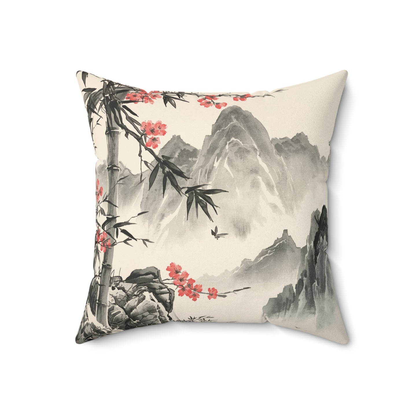 Suede Square Pillow — Asian Ink Landscape with Cherry Blossoms