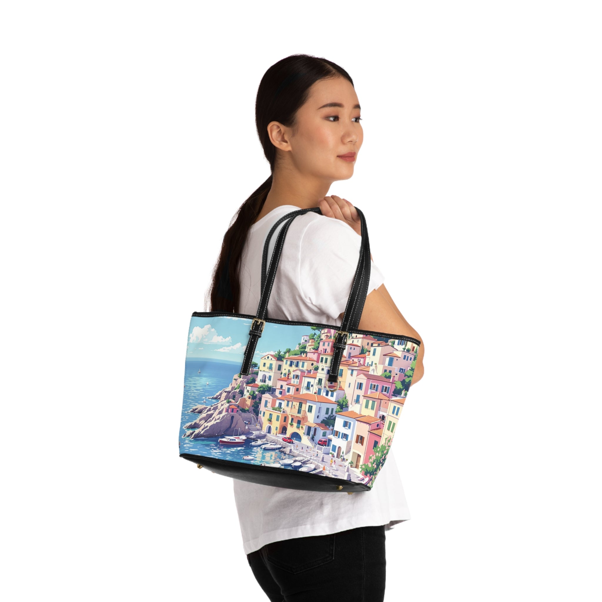 Vibrant Italian Coastal Art Tote Bag - Stylish PU Leather Shoulder Bag - Rosetta Creative Boutique