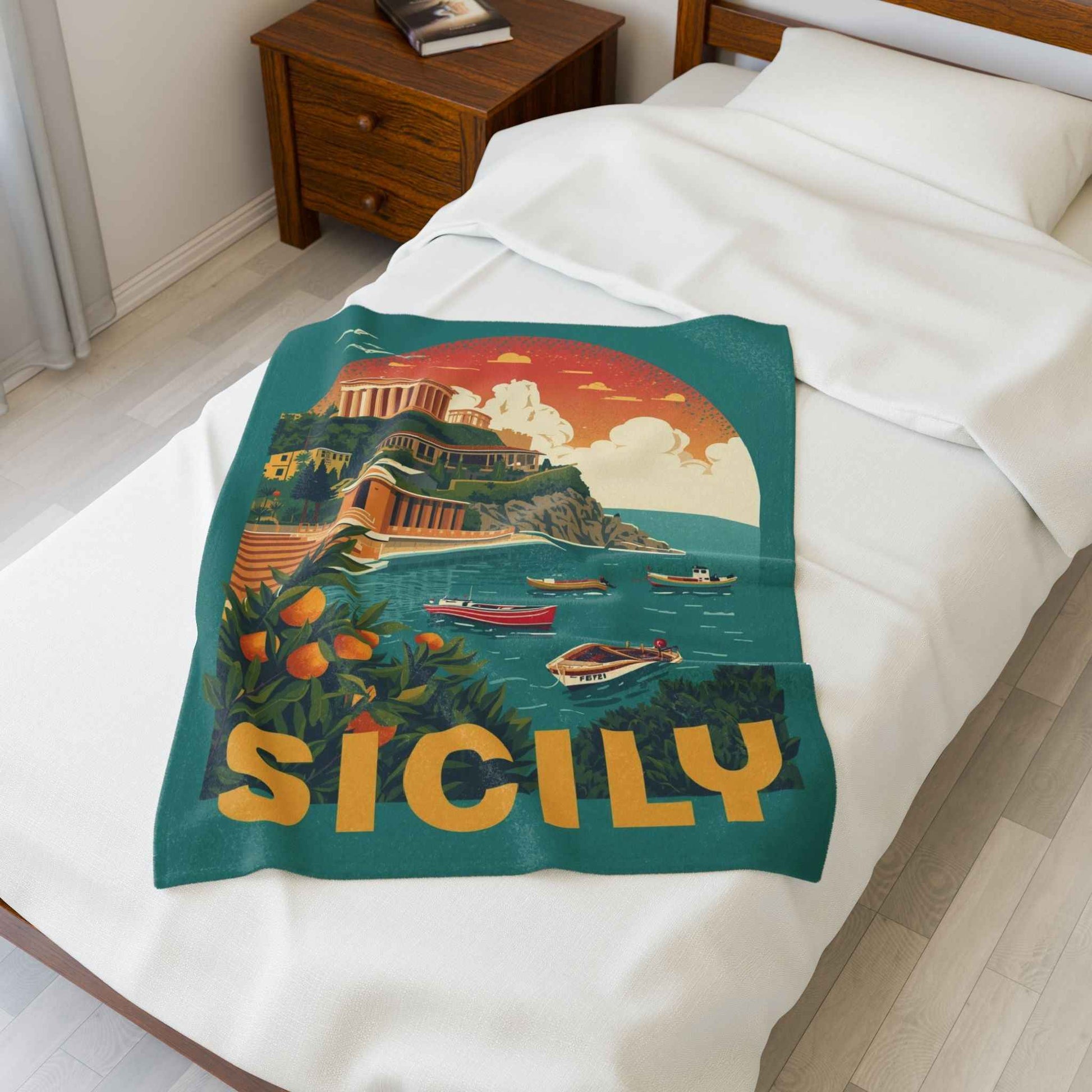 Sicily Scenic Velveteen Plush Blanket – Luxurious Coastal Travel Art