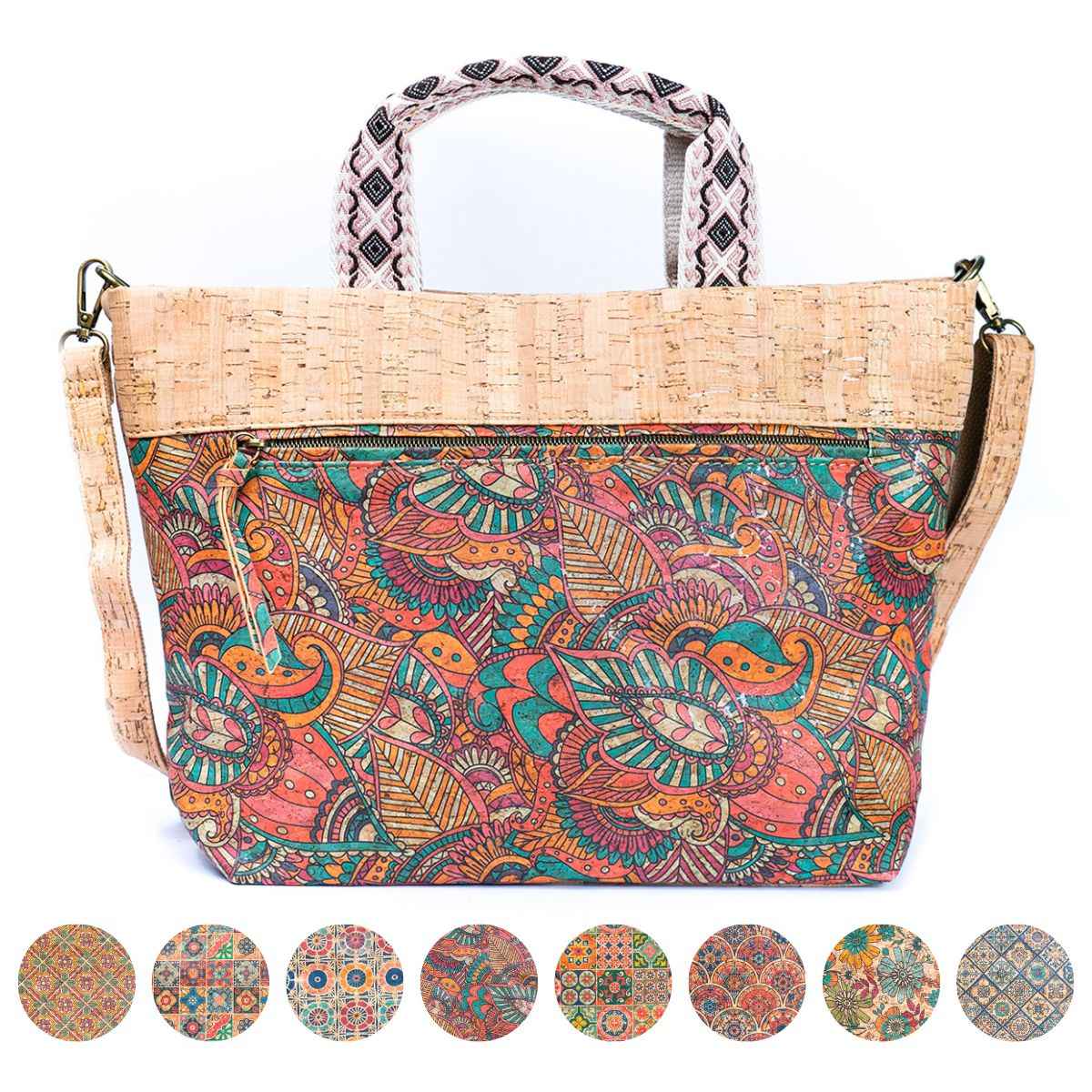 Natural Cork Tote with Printed Design and Cotton Woven Handles BAGF-087