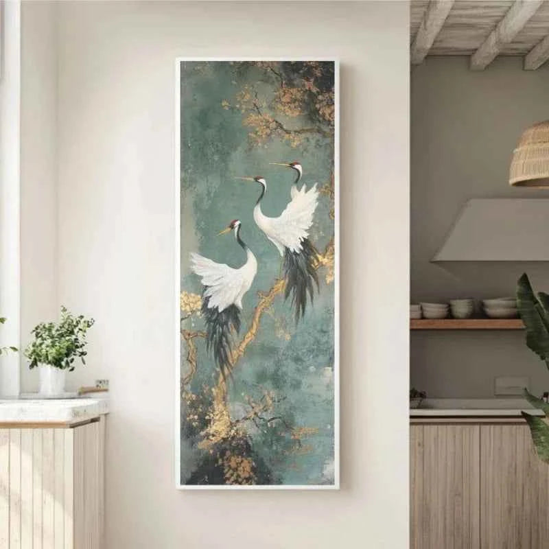 Japanese Style Golden Crane Decorative Poster, Luxury Canvas Painting Vertical Frameless Mural for Entrance Hallway