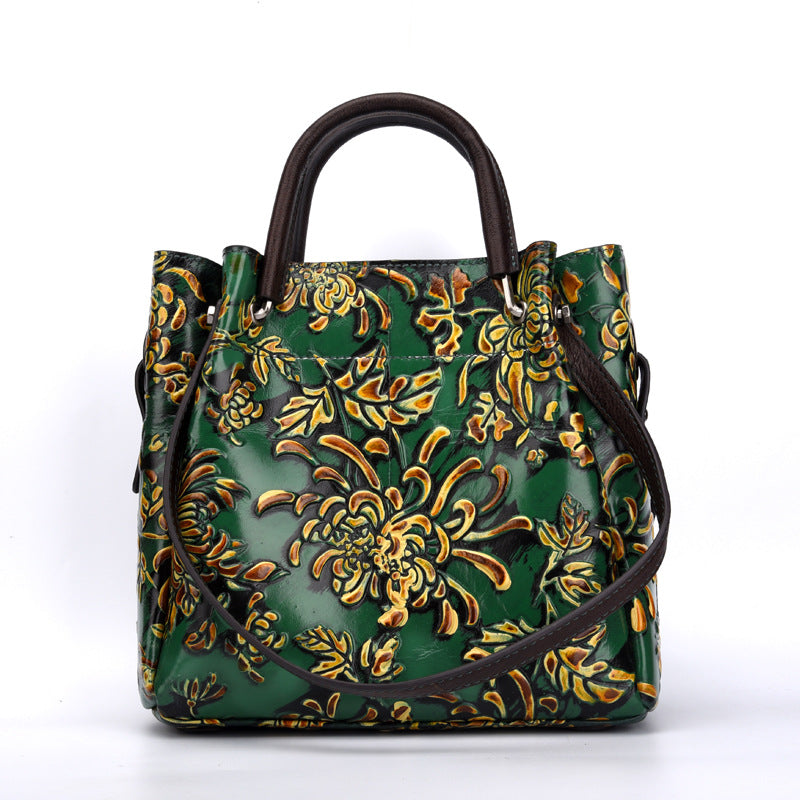 Floral Embossed Three Dimensional Genuine Leather Messenger Bag For Women