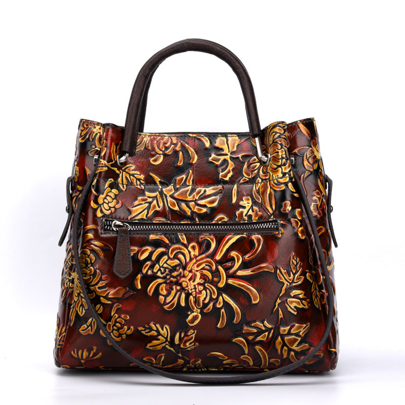 Floral Embossed Three Dimensional Genuine Leather Messenger Bag For Women