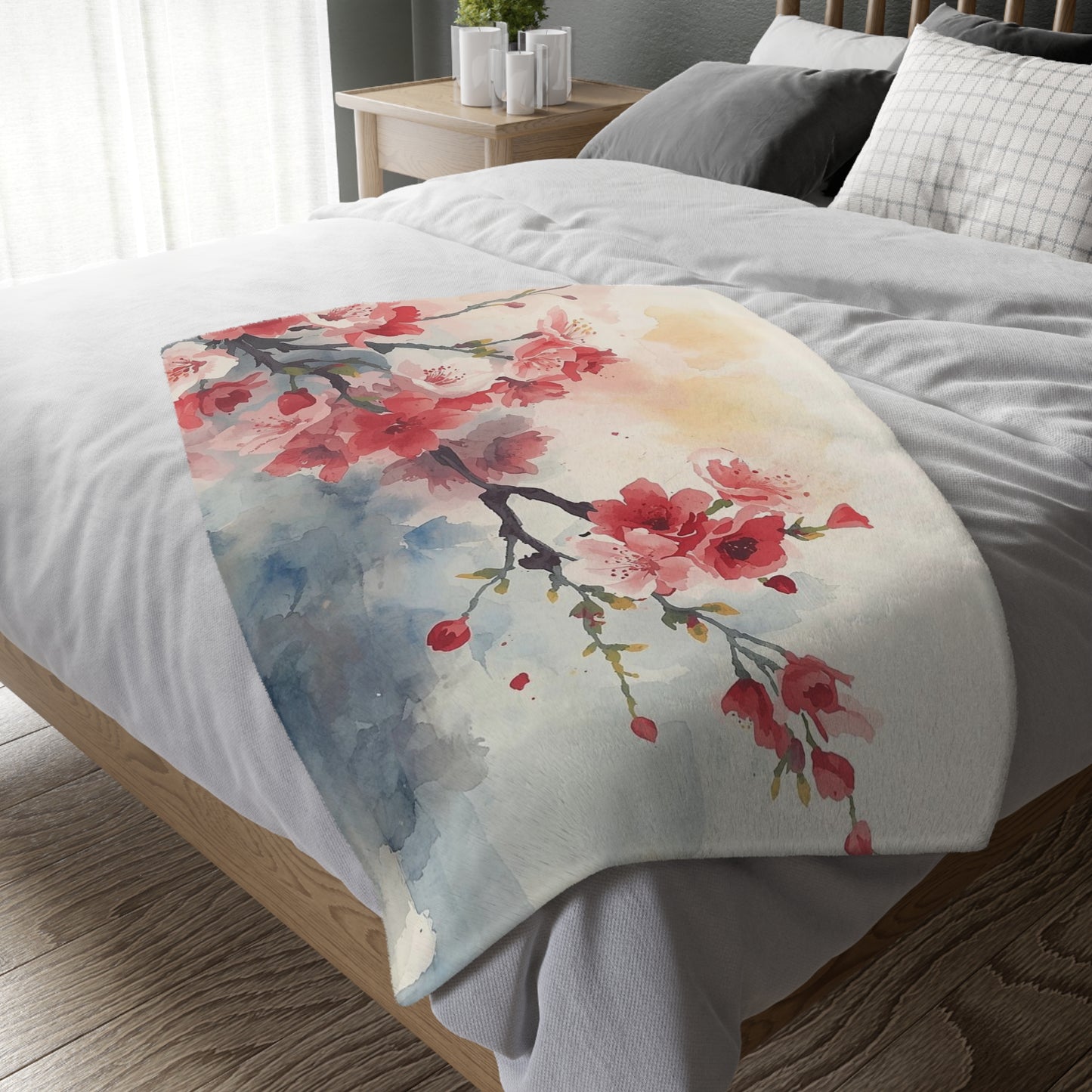 Floral Watercolor Cherry Blossom Blanket — Velveteen Microfiber Throw
