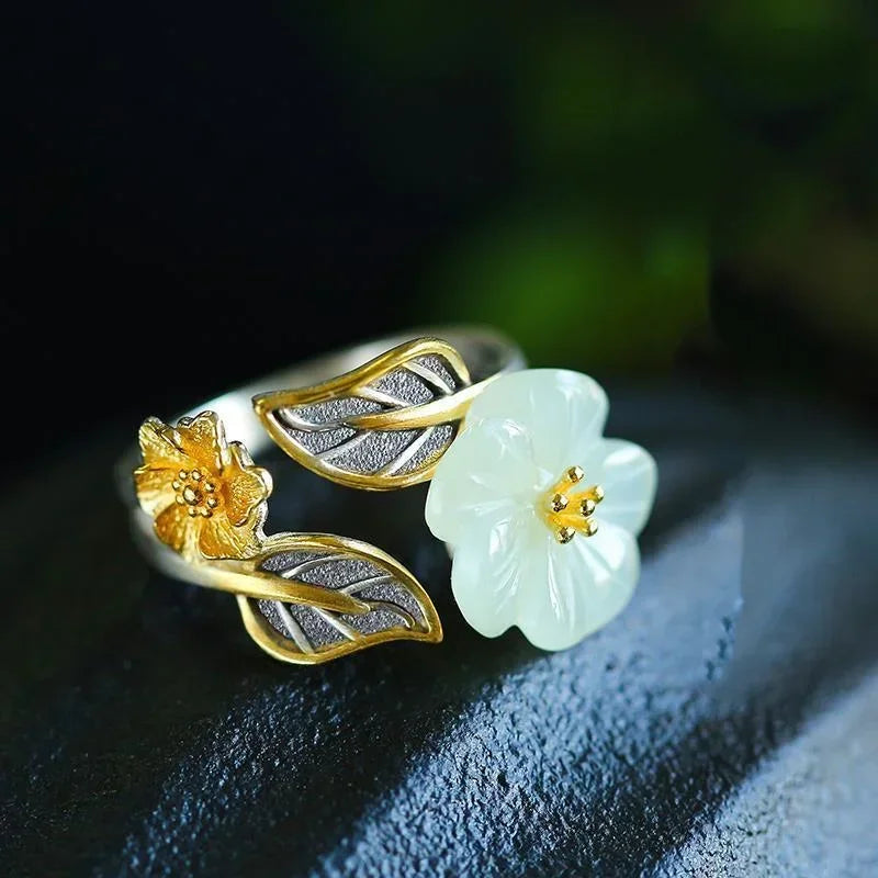 925 Silver White Hetian Jade Flower Adjustable Ring