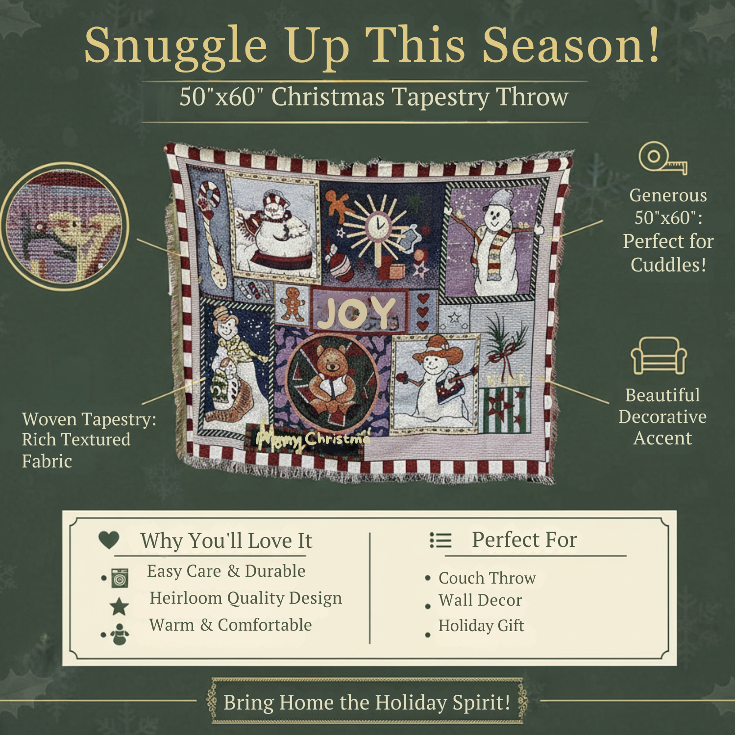Tache Wonderful Season Snowman Tapestry Throw Blanket with Fringe (2270)-3