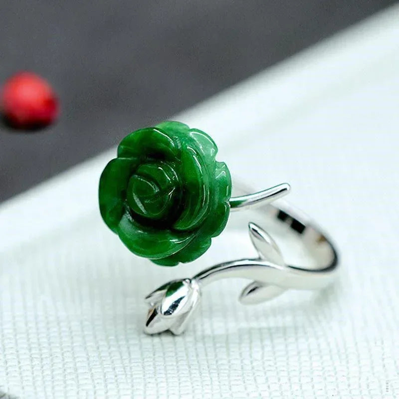 925 Silver White Hetian Jade Flower Adjustable Ring
