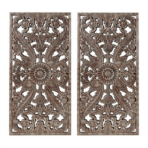 Antique Bronze Distressed Carved Lotus Wall Panels (Set of 2)