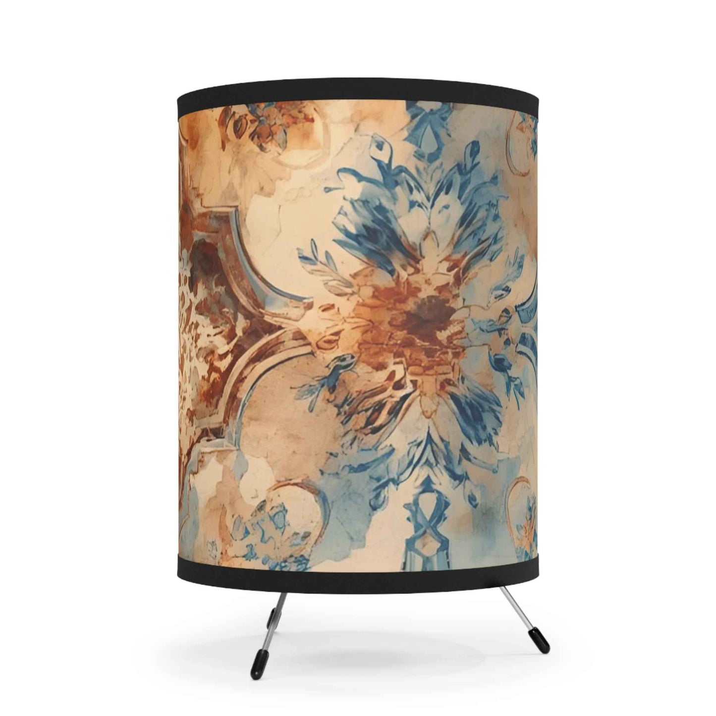 Vintage Turkish Tile Print Tripod Lamp — Ceramic Pattern Printed Shade (US/CA Plug)