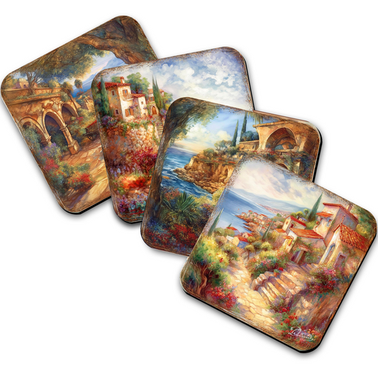 Mediterranean Sea-side Wooden Cork Coasters Gift Set of 4 by G. Debrekht - Coastal Holiday Decor  - 8199475C-S4-0