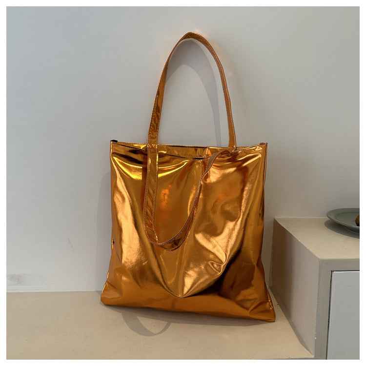 Portable Large Capacity PU Leather Shiny Shoulder Bag Commuter Tote