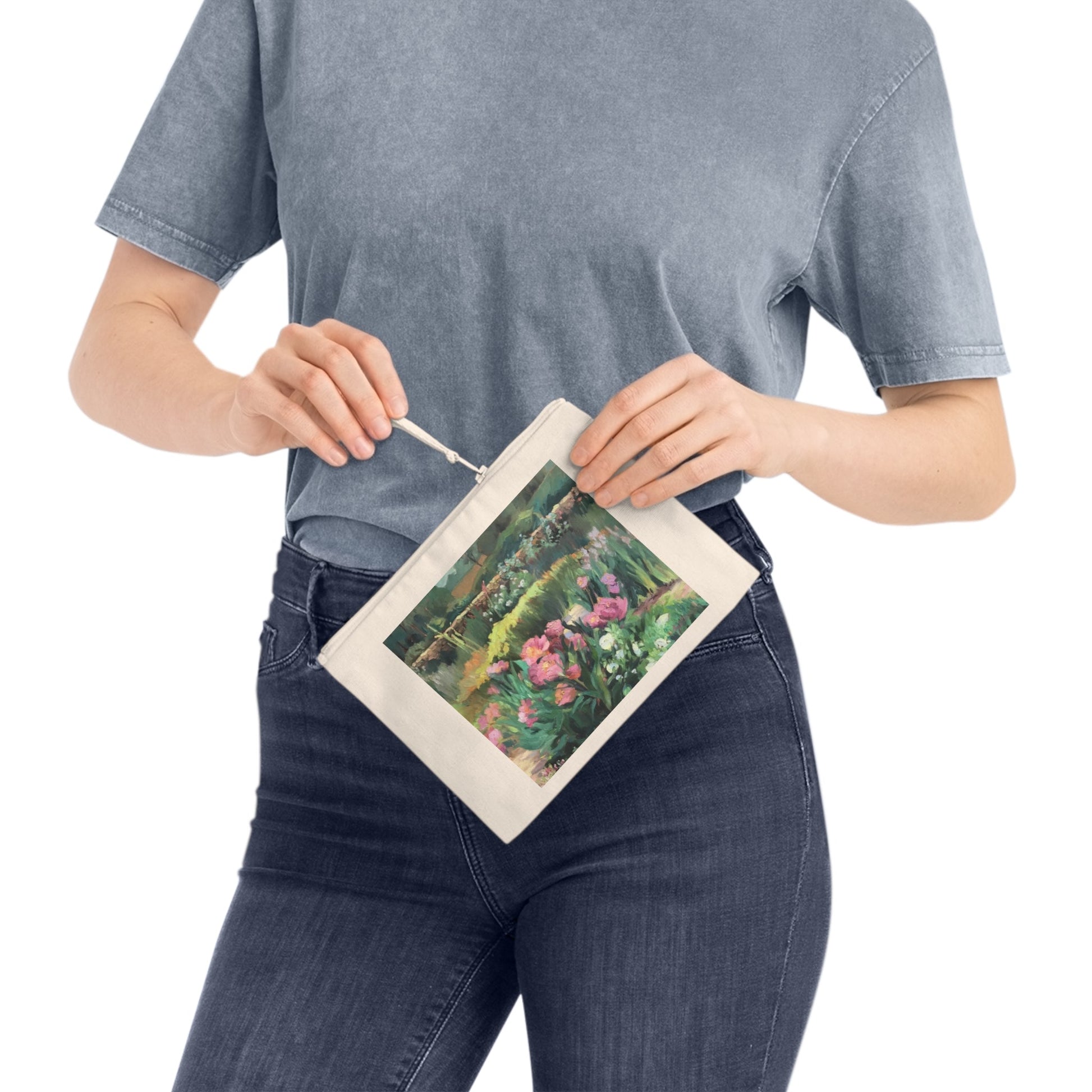 Eco-Friendly Pouch with 'Pink Peonies' I Original Artwork by American Artist Barbara Cleary - Rosetta Creative Boutique