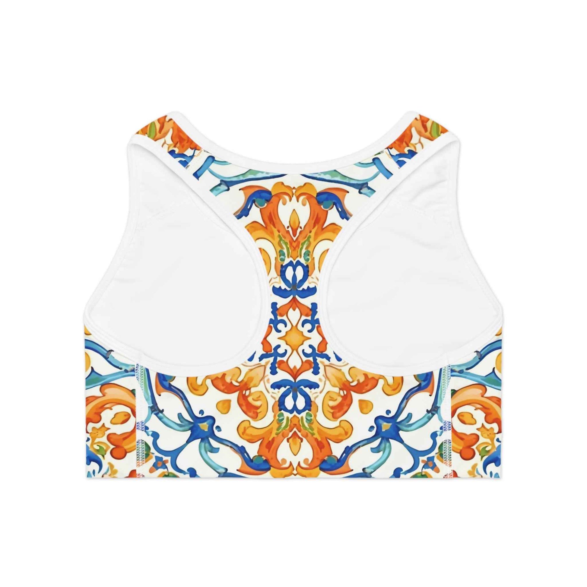 Mediterranean Tile Compression Sports Bra Orange Blue Allover Print