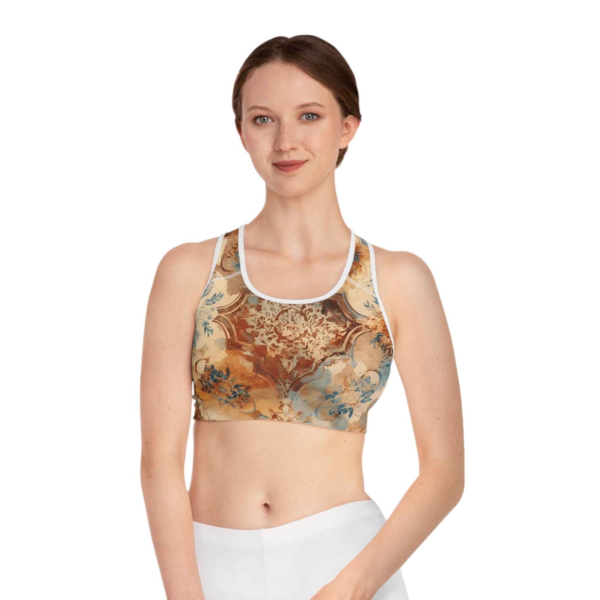Vintage Floral Mosaic Sports Bra Boho Athletic Crop Top