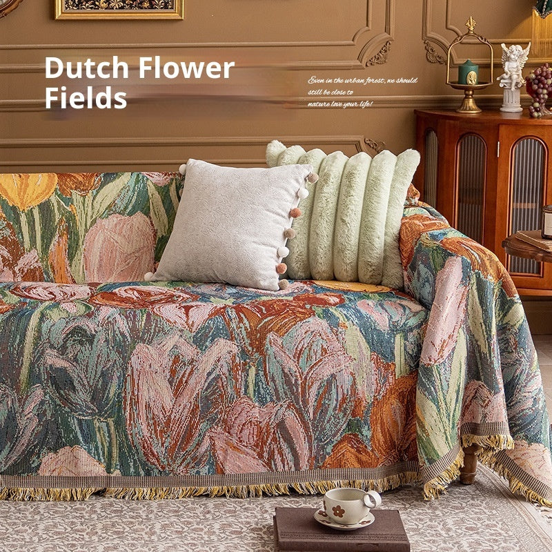 Artisan Floral Sofa Throw Cover | Vintage Oil Painting Style (100% Cotton)