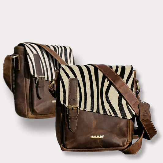 IULIUS Zebra Print Natural Hair Flap Leather Crossbody Bag - Bandolera de Cuero Genuino con Solapa de Pelo Natural Estampado Cebra – IULIUS