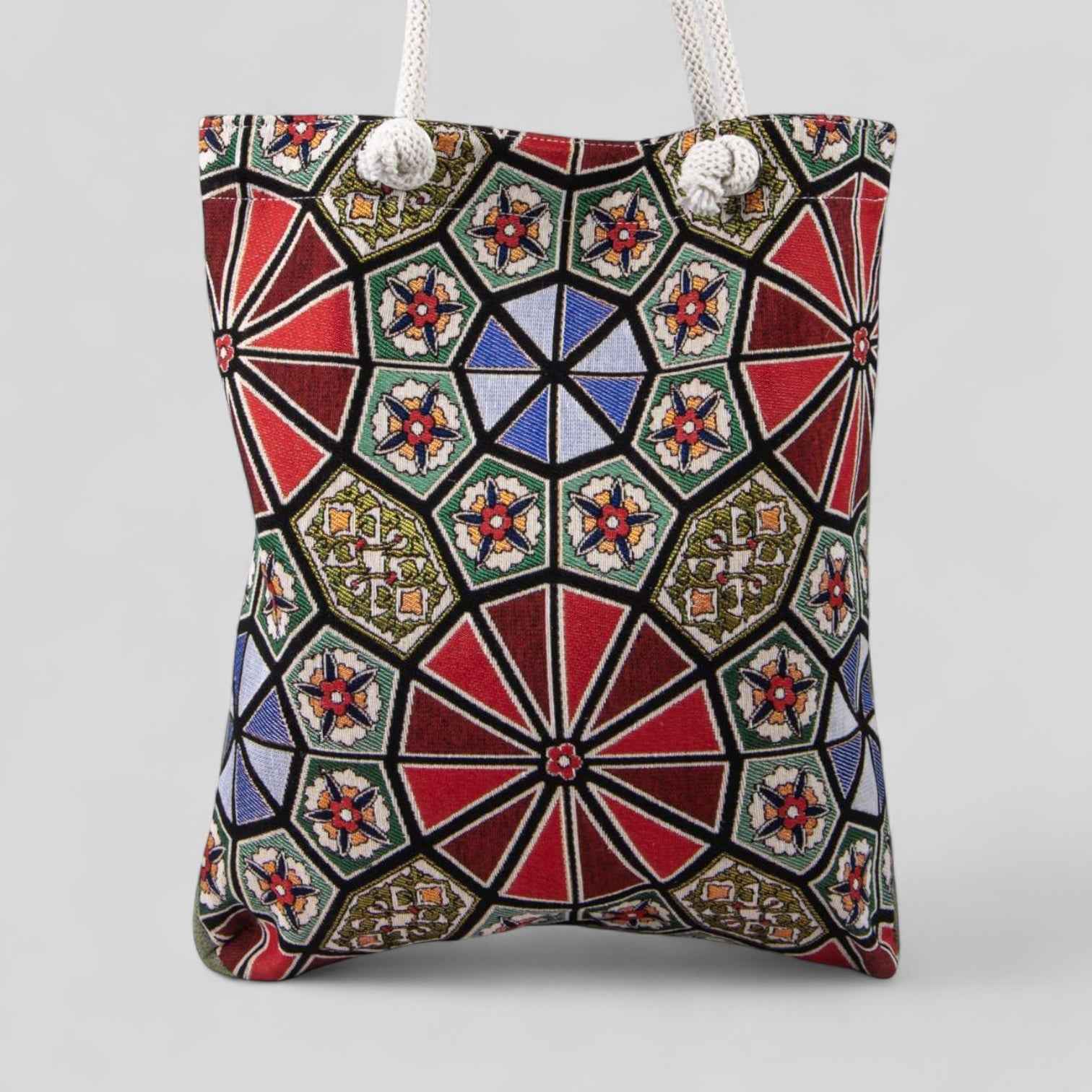 Authentic Kilim Fabric Purse with Rope Handles, Turkish Carpet, Beach Bag, Tote, Reusable Shopping Bag -- Geometric