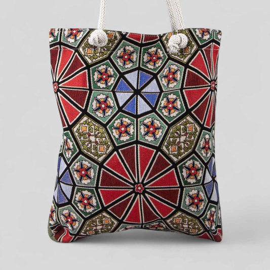 Authentic Kilim Fabric Purse with Rope Handles, Turkish Carpet, Beach Bag, Tote, Reusable Shopping Bag -- Geometric