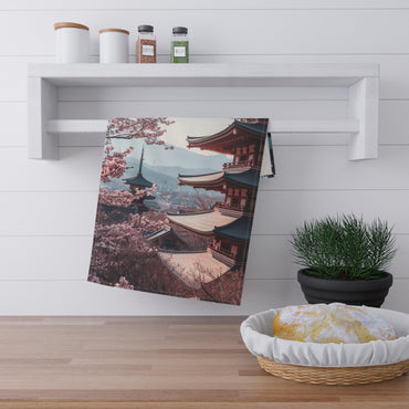 Japanese Cherry Blossom Pagoda Tea Towels, Floral Kitchen Decor, Gift for Tea Lovers, Spring Home Accessories, Unique Housewarming Present