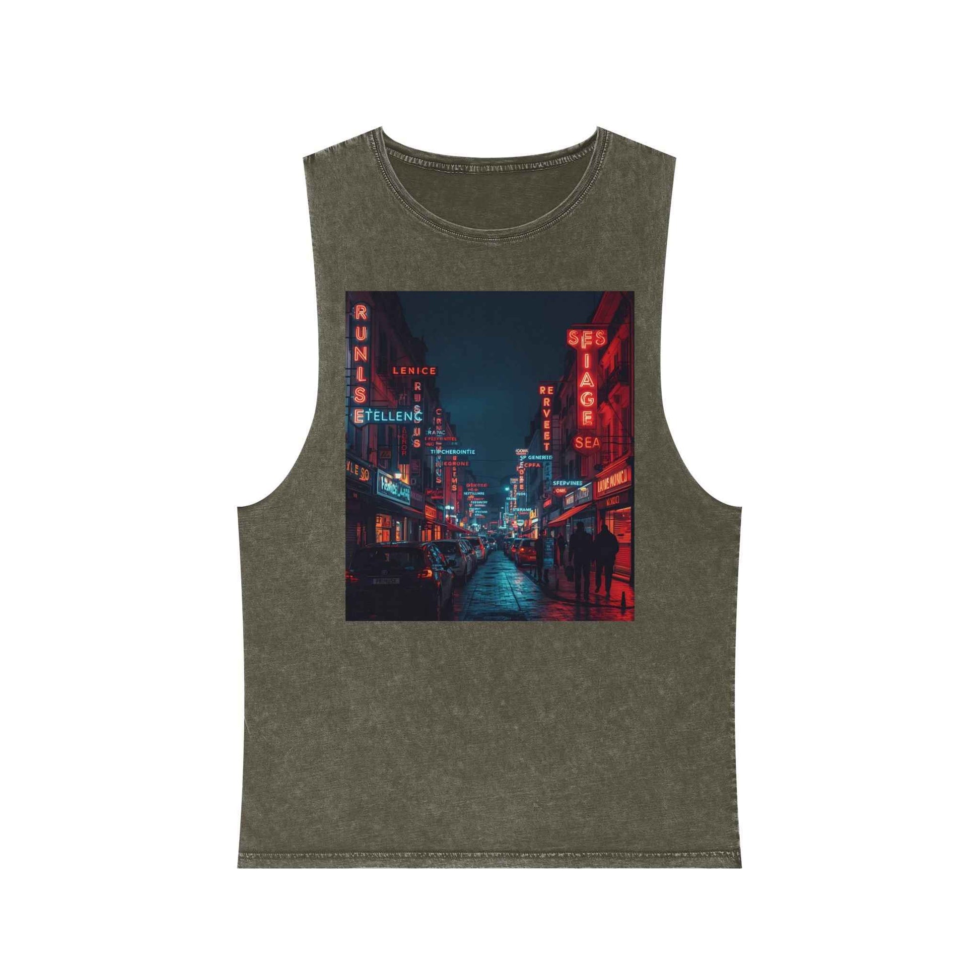 Neon French Cityscape Stonewash Tank Top With Retro Cyberpunk Night Street Print