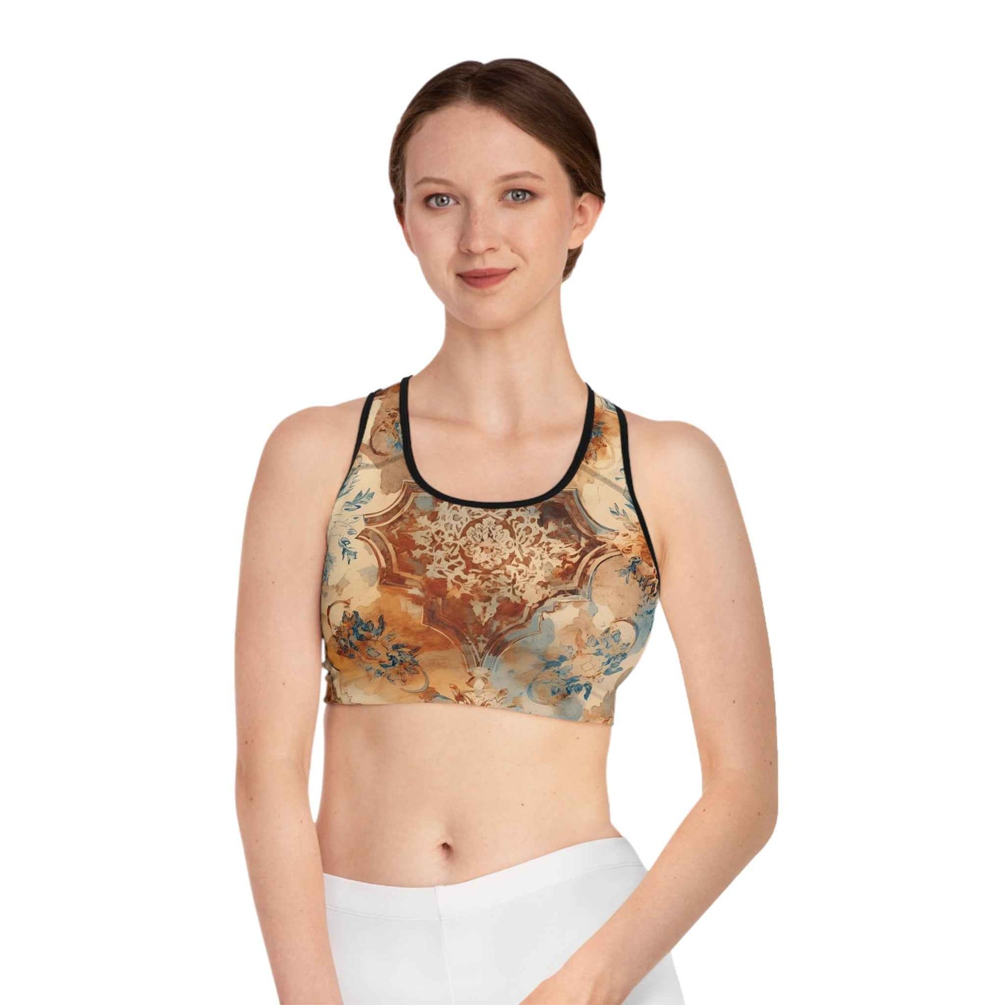 Vintage Floral Mosaic Sports Bra Boho Athletic Crop Top
