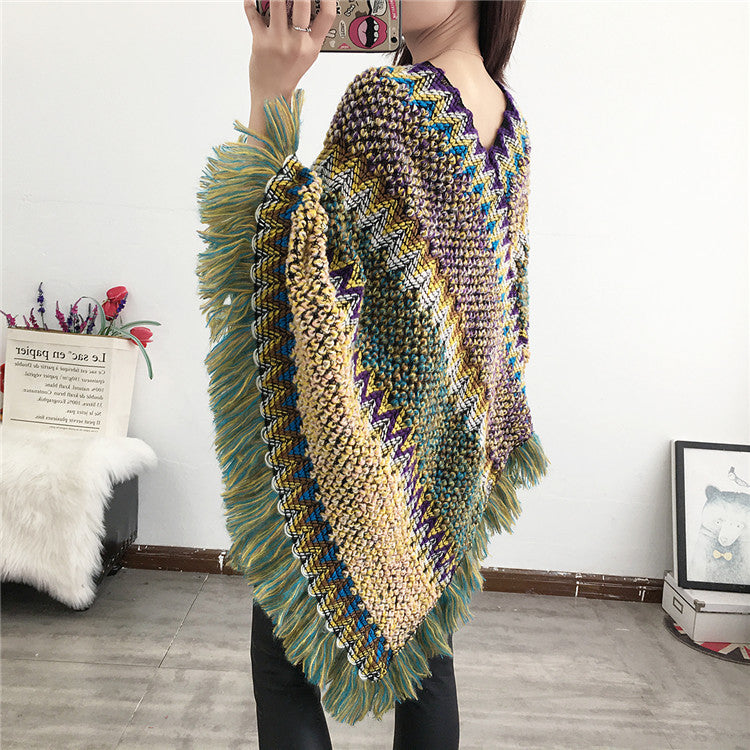 Elegant Color-Block Knitted Tassel Scarf