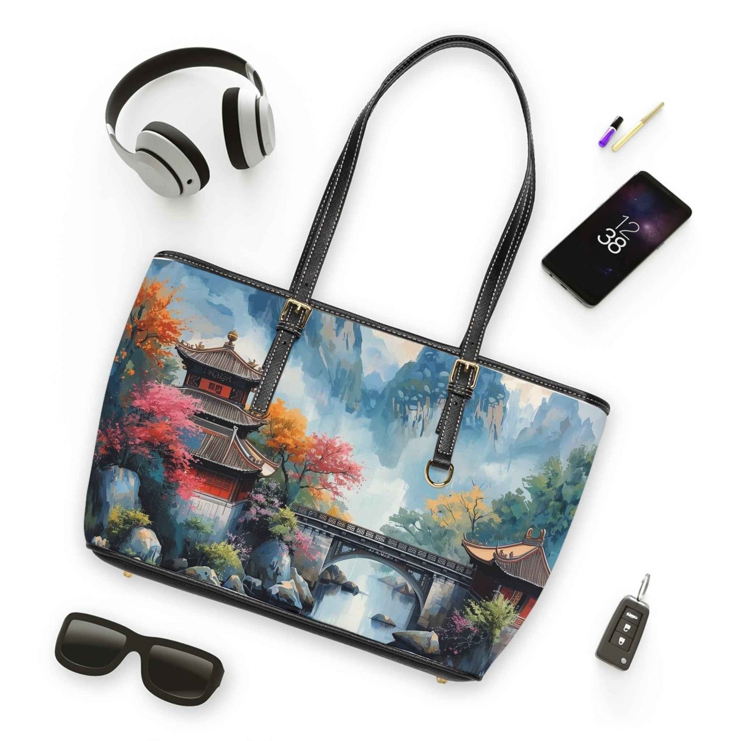 Scenic Asian Landscape PU Leather Shoulder Bag — Autumn Pagoda Bridge Tote