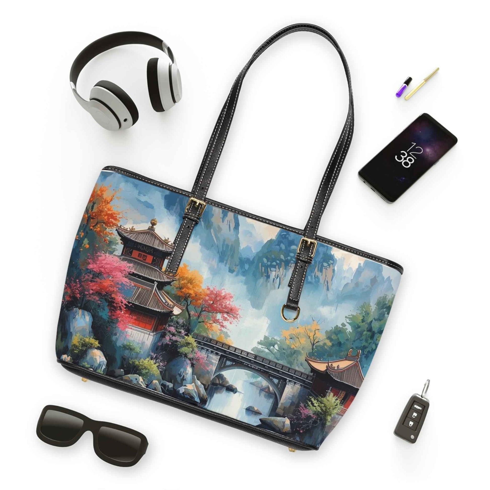Scenic Asian Landscape PU Leather Shoulder Bag — Autumn Pagoda Bridge Tote
