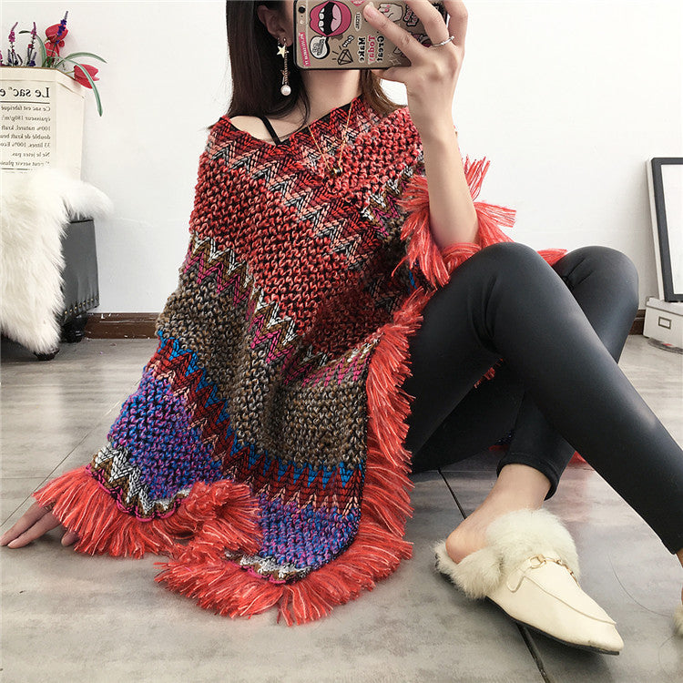 Elegant Color-Block Knitted Tassel Scarf