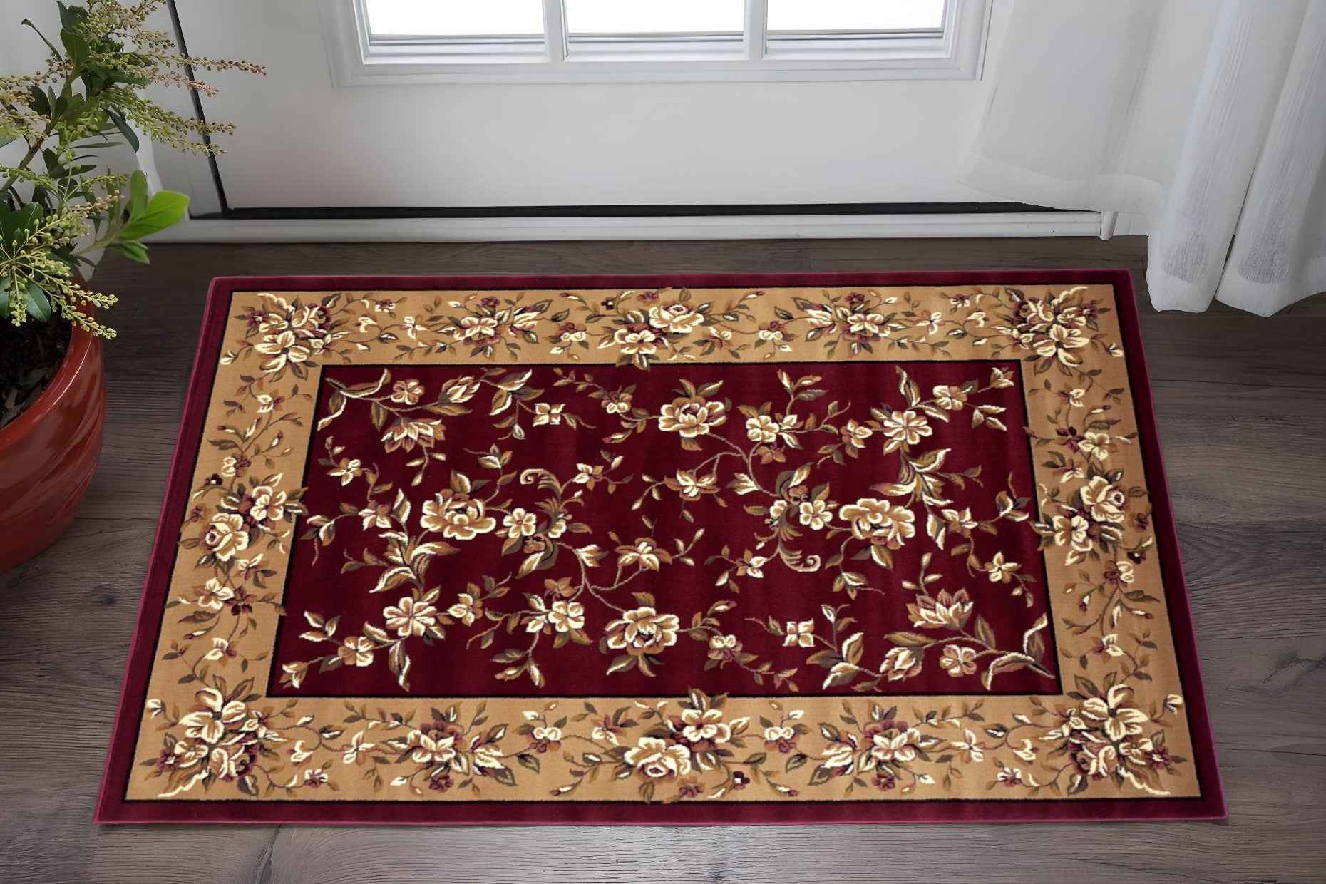 2' X 3' Red And Beige Floral Vines Area Rug