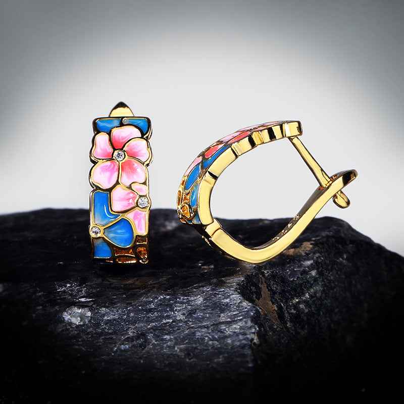 Fashion Enamel Flower Ladies Hug Earrings Retro Bohemian Round Small Earrings