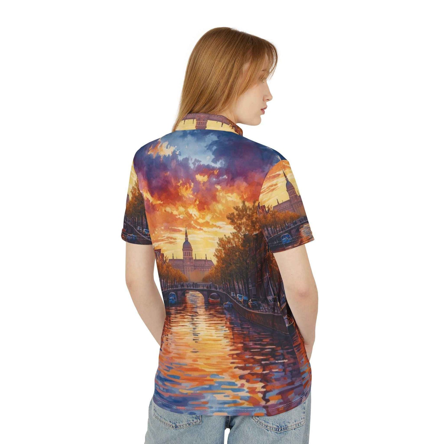 Sunset Amsterdam Canal Polo Shirt With Impressionist Cityscape All Over Print