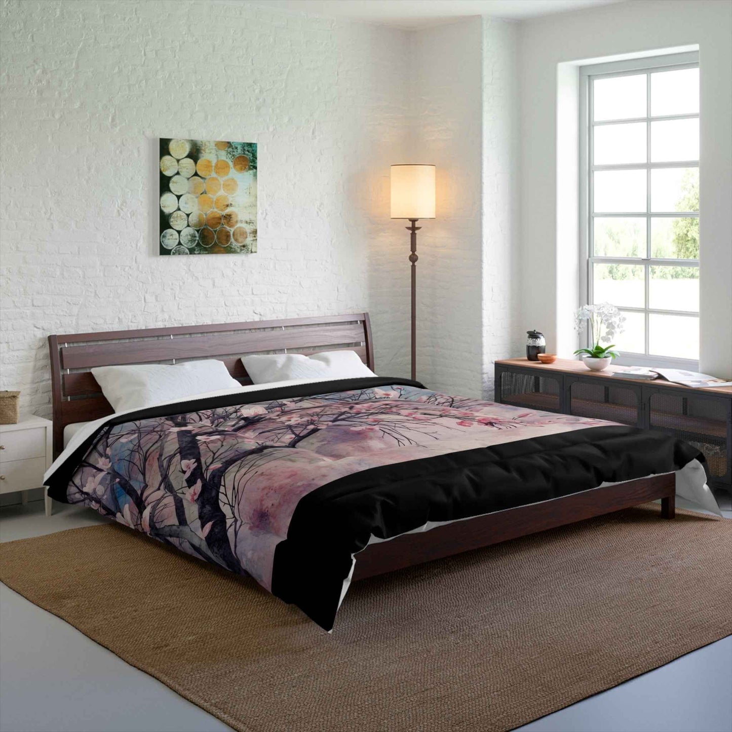 Cherry Blossom Comforter Set Lightweight Pink Watercolor Tree Bedding Microfiber