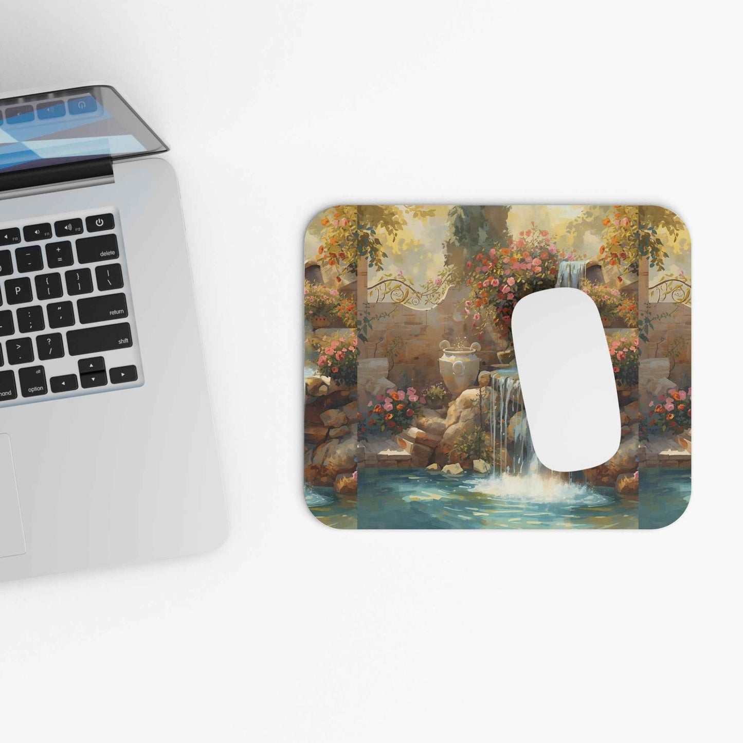 Serene Tuscan Garden Mouse Pad - Tranquil Waterfall Design
