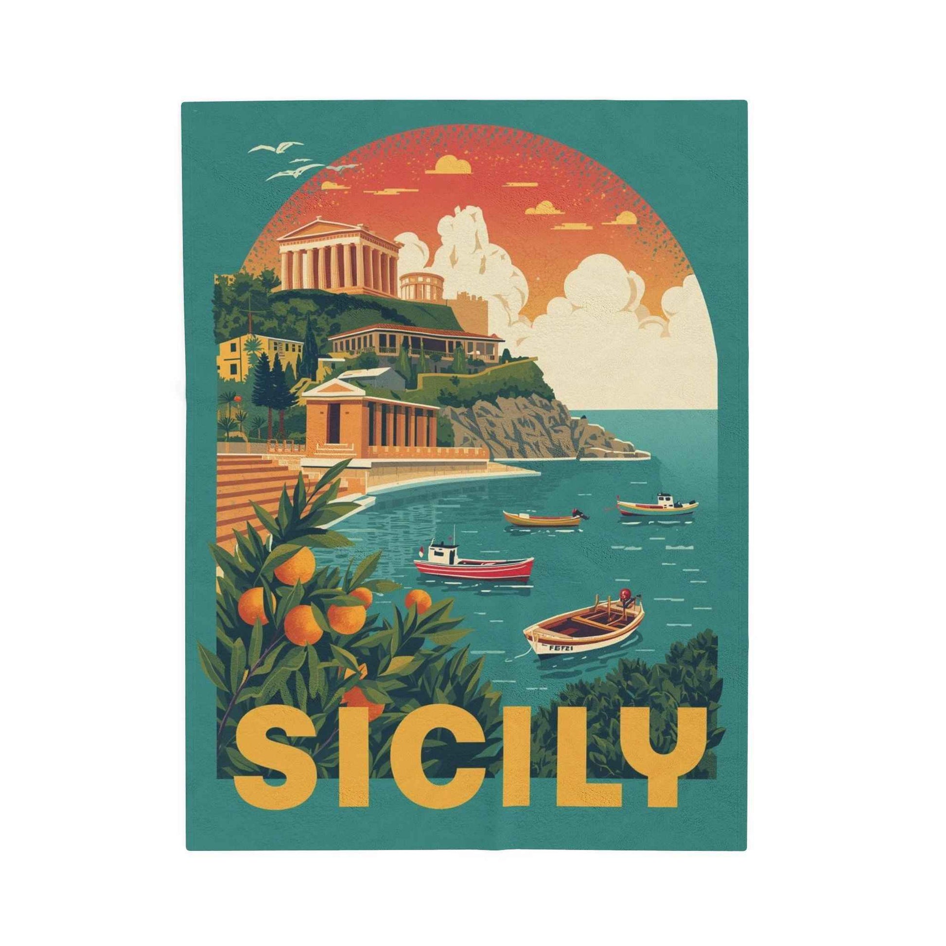 Sicily Scenic Velveteen Plush Blanket – Luxurious Coastal Travel Art