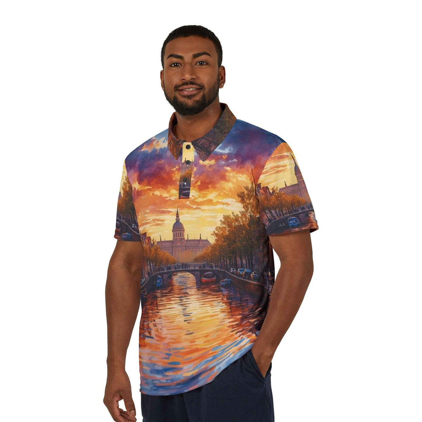 Sunset Amsterdam Canal Polo Shirt With Impressionist Cityscape All Over Print