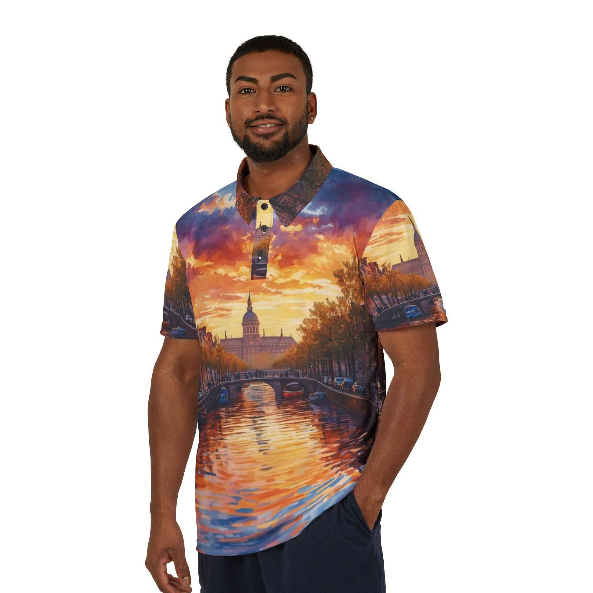 Sunset Amsterdam Canal Polo Shirt With Impressionist Cityscape All Over Print