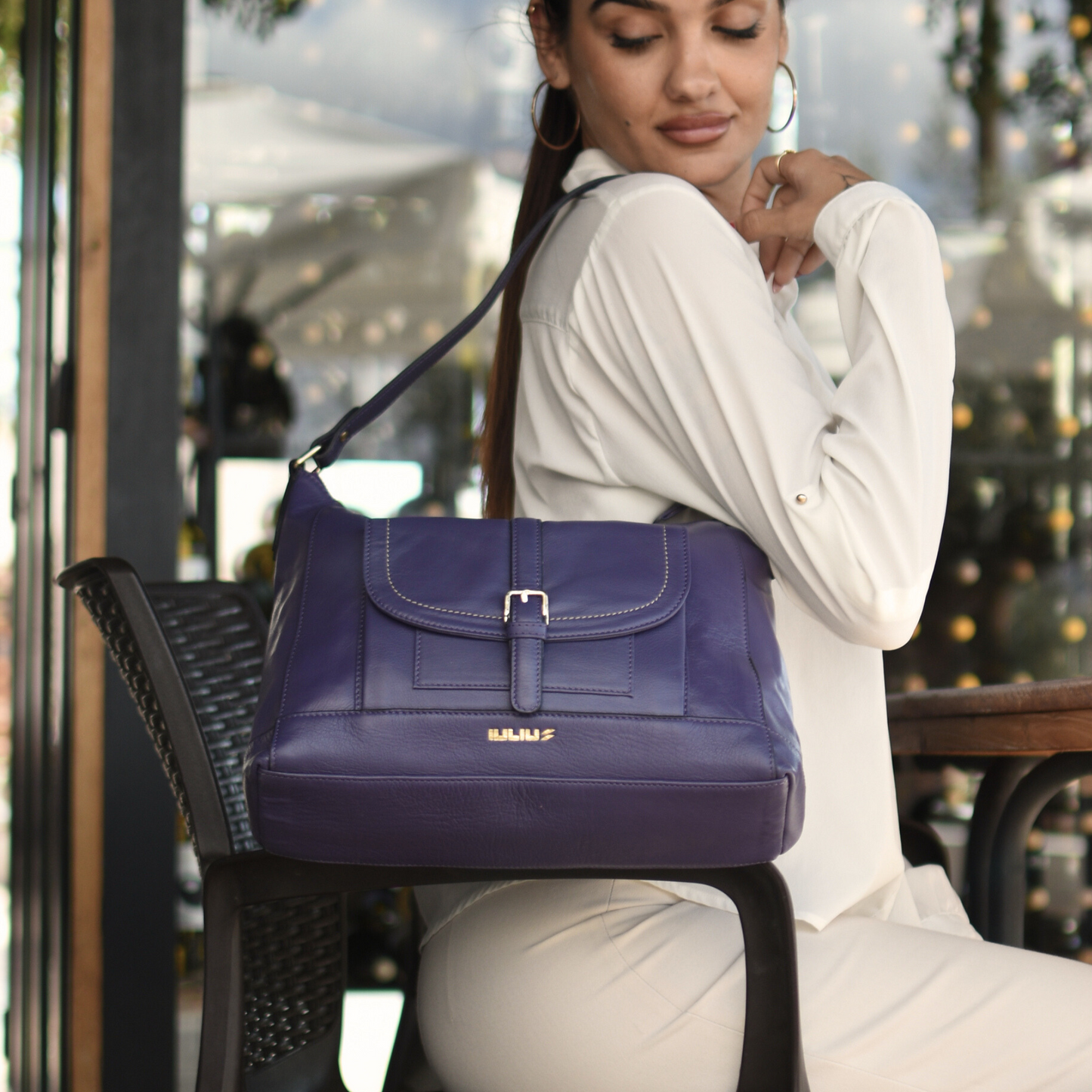 Everyday purple leather shoulder purse with front flap pocket