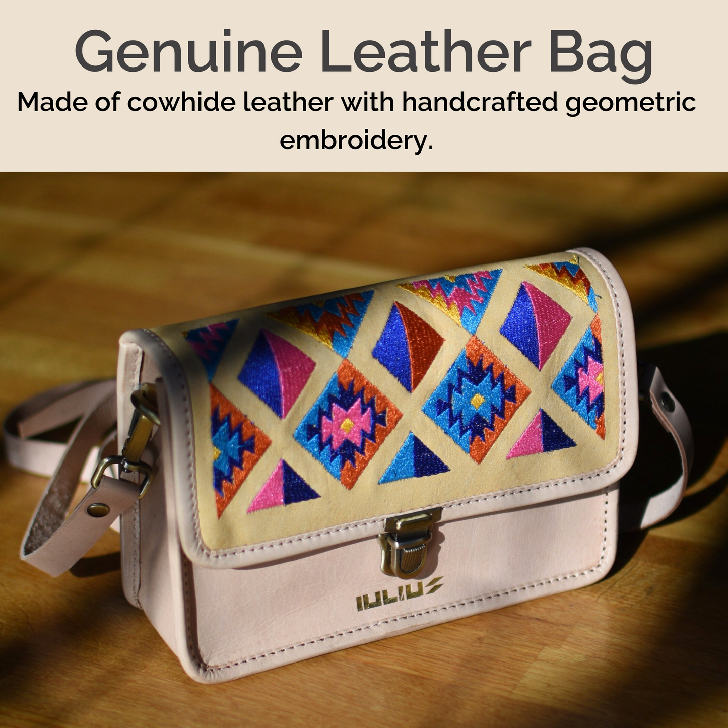IULIUS Embroidered Artisan Leather Crossbody Bag - Cartera Artesanal de Cuero IULIUS – Bordado y Formato Compacto