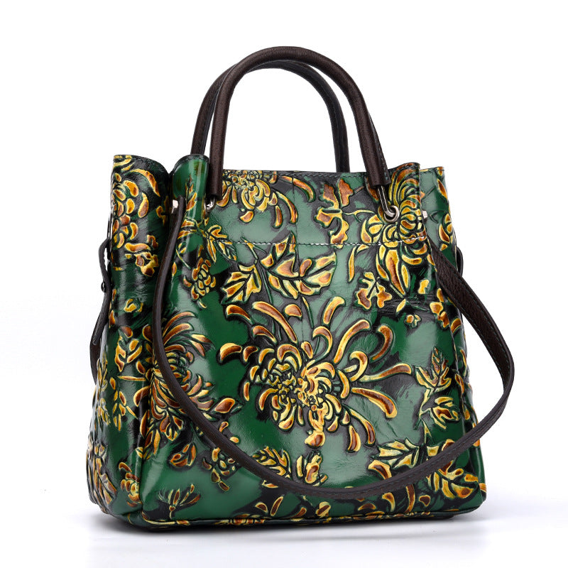 Floral Embossed Three Dimensional Genuine Leather Messenger Bag For Women