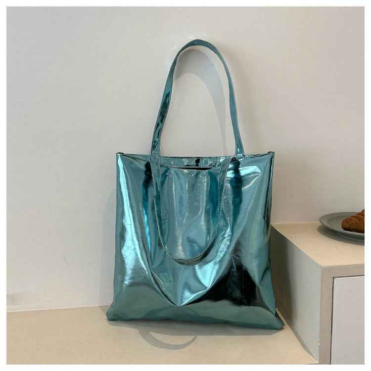 Portable Large Capacity PU Leather Shiny Shoulder Bag Commuter Tote
