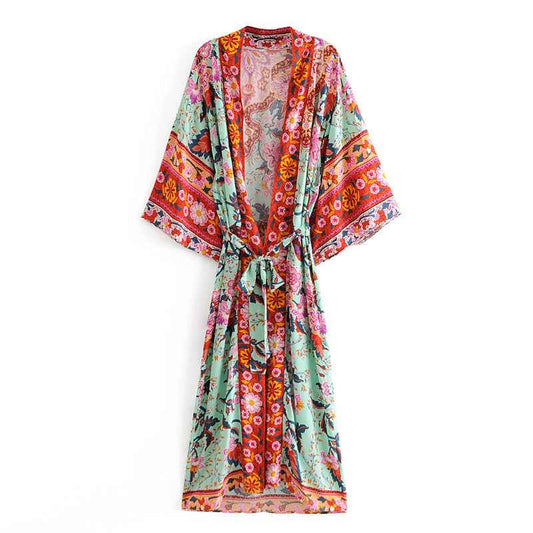 Printed Rayon Positioning Flower Bat Sleeve Kimono Printed Cardigan