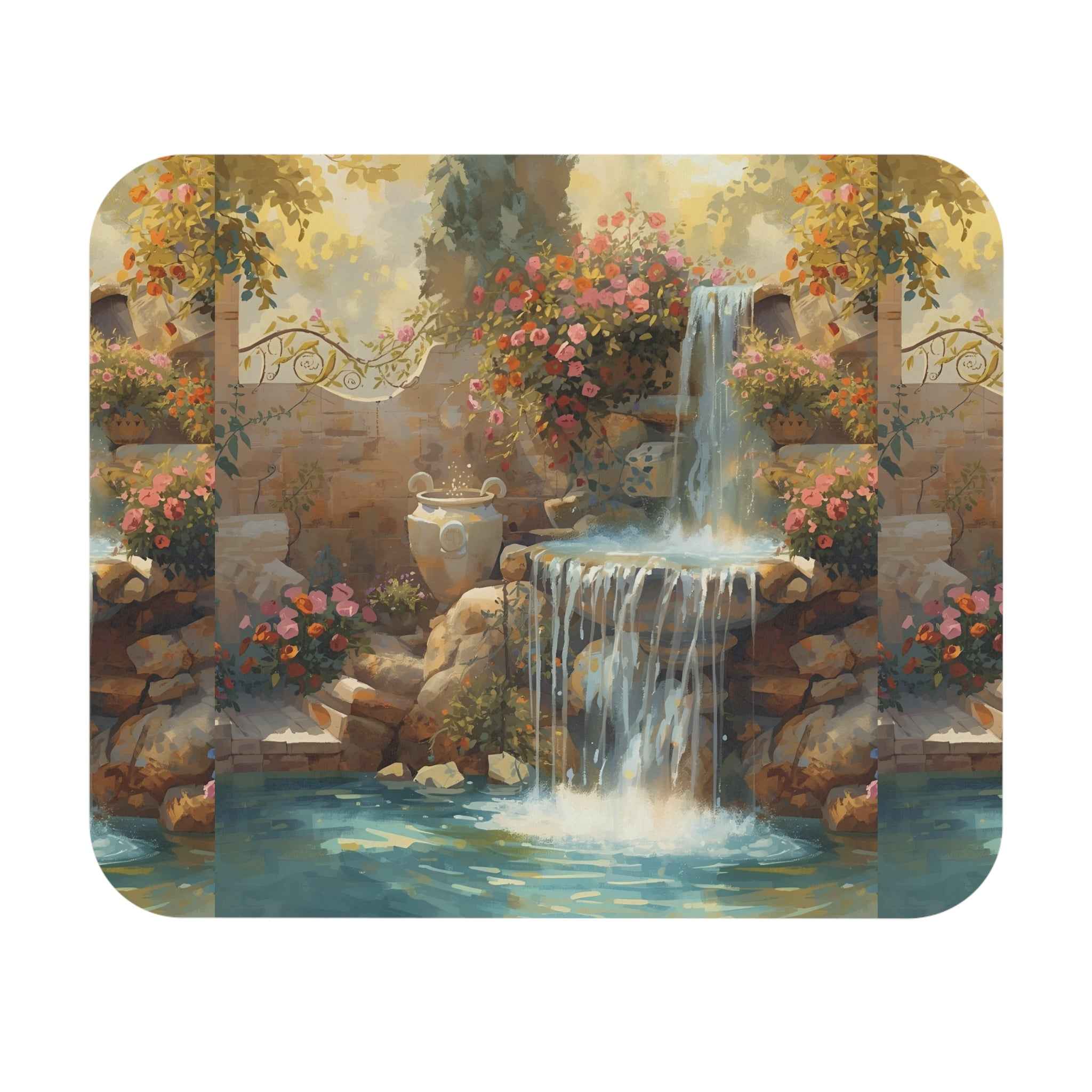 Serene Tuscan Garden Mouse Pad - Tranquil Waterfall Design