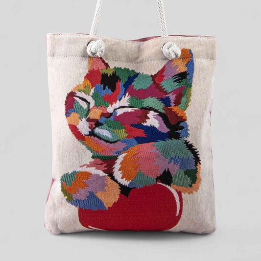 Turkish Kilim Purse With Rope Handles Colorful Cat Heart Tote Beach Bag