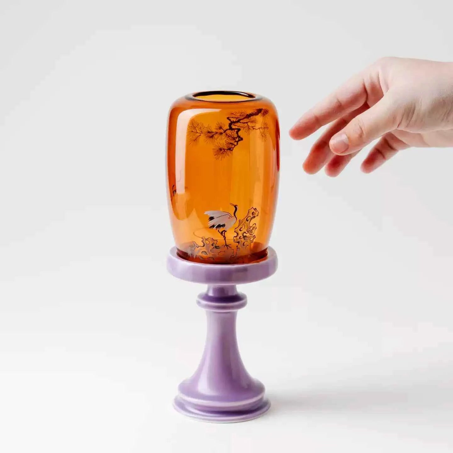 Classic Chinese Glass Candle Holder With Colored Shade And Ceramic Base