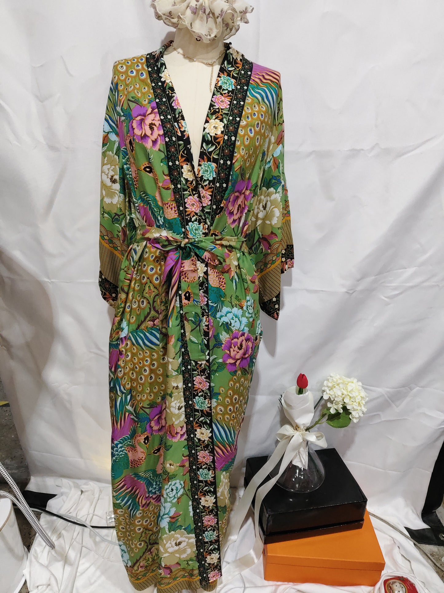 Bohemian Crane Print Kimono Dress Cotton Midi With Swing Skirt