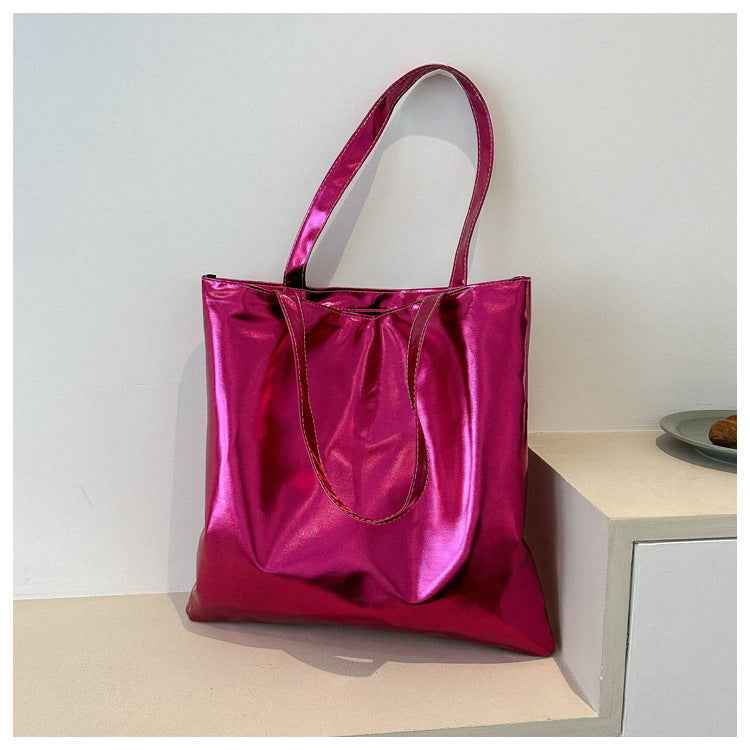 Portable Large Capacity PU Leather Shiny Shoulder Bag Commuter Tote