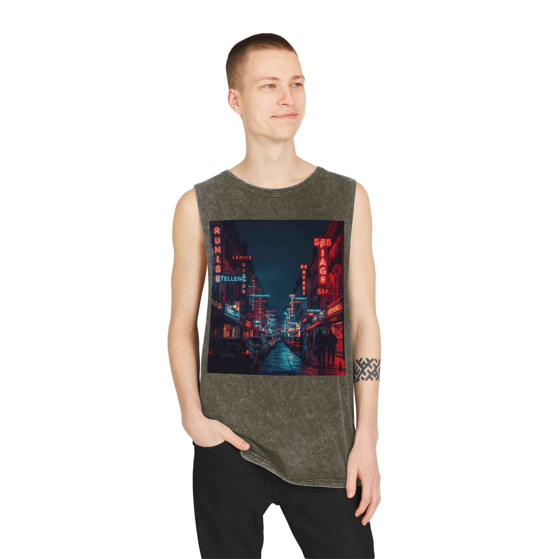 Neon French Cityscape Stonewash Tank Top With Retro Cyberpunk Night Street Print