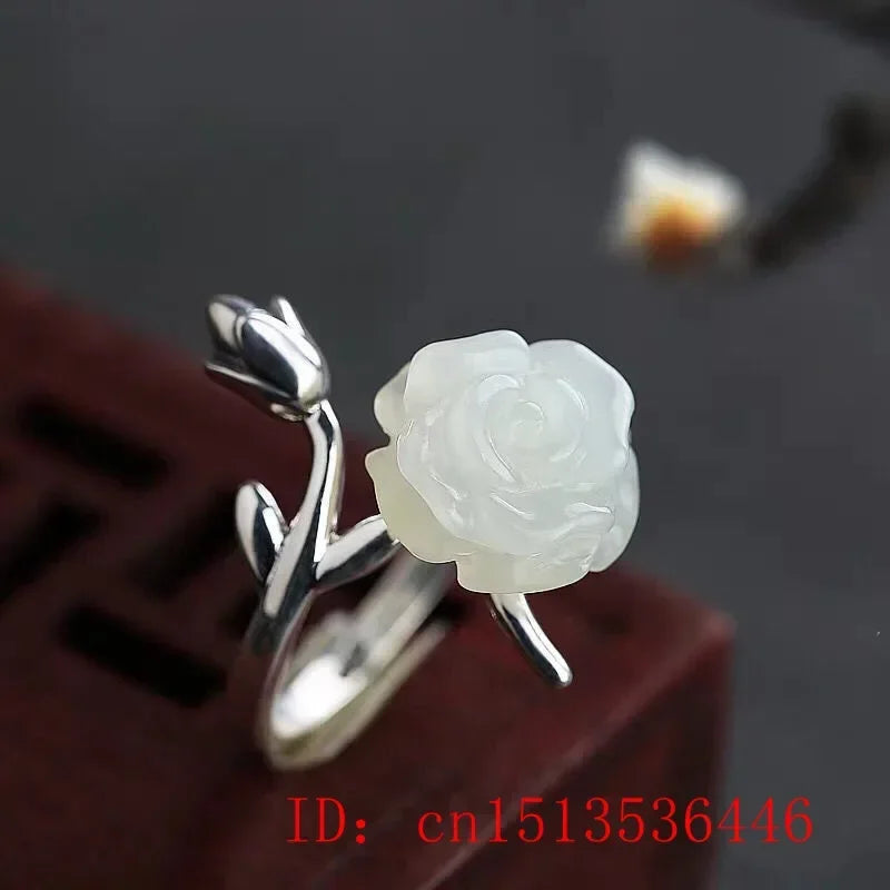 925 Silver White Hetian Jade Flower Adjustable Ring